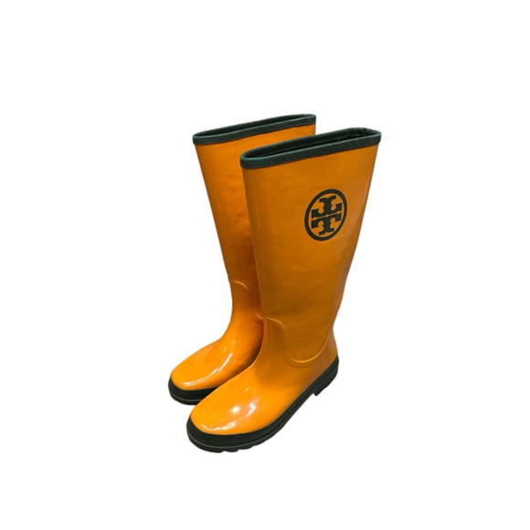 Tory Burch Rare Sold out Rain Boots Size 9 Orange Green - Picture 4 of 10
